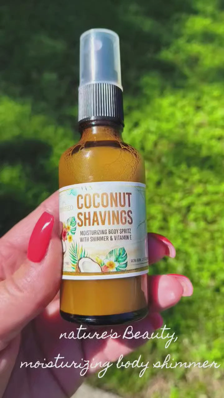 Moisturizing shimmer body mist, coconut shavings