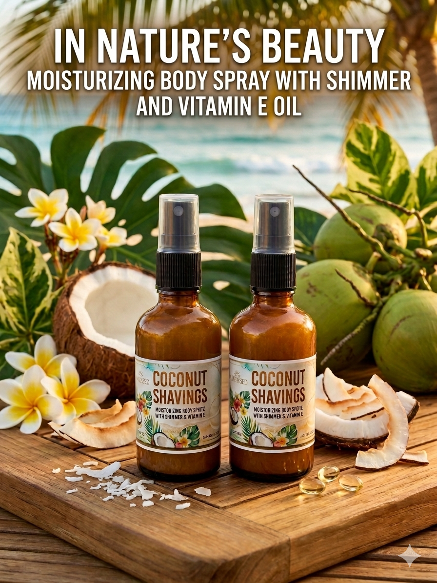 Moisturizing shimmer body mist, coconut shavings