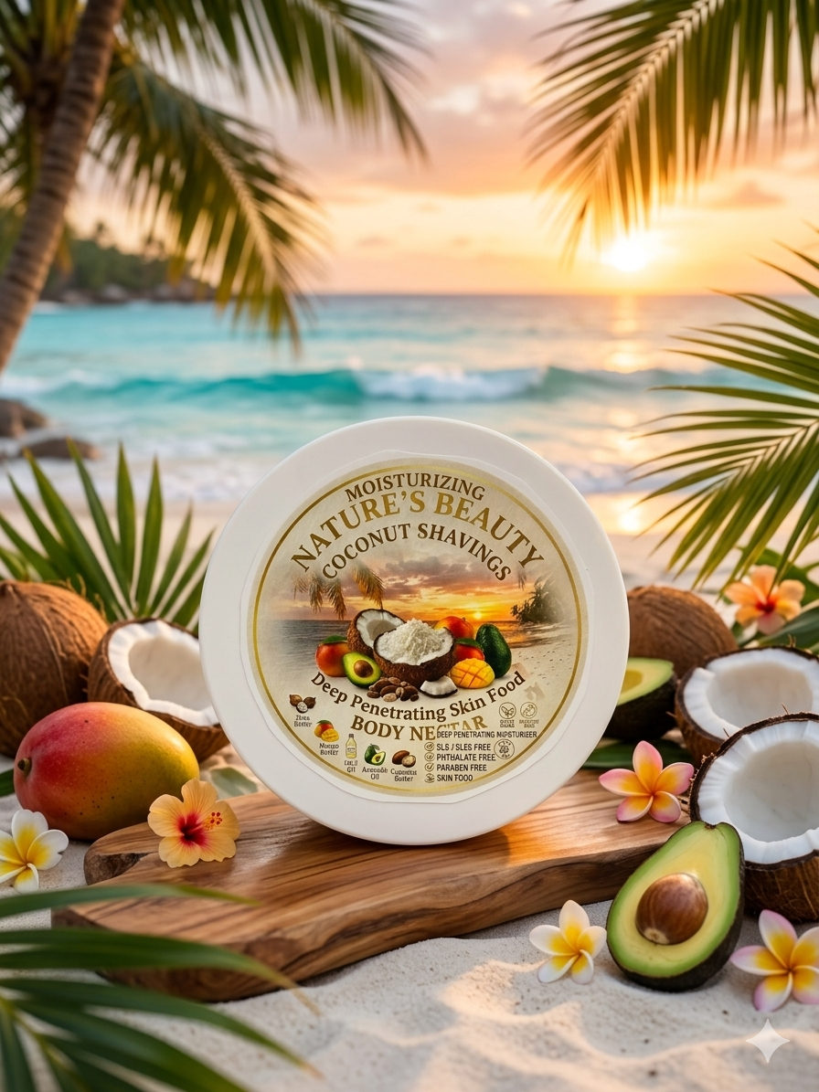 Coconut shavings, moisturizing body nectar