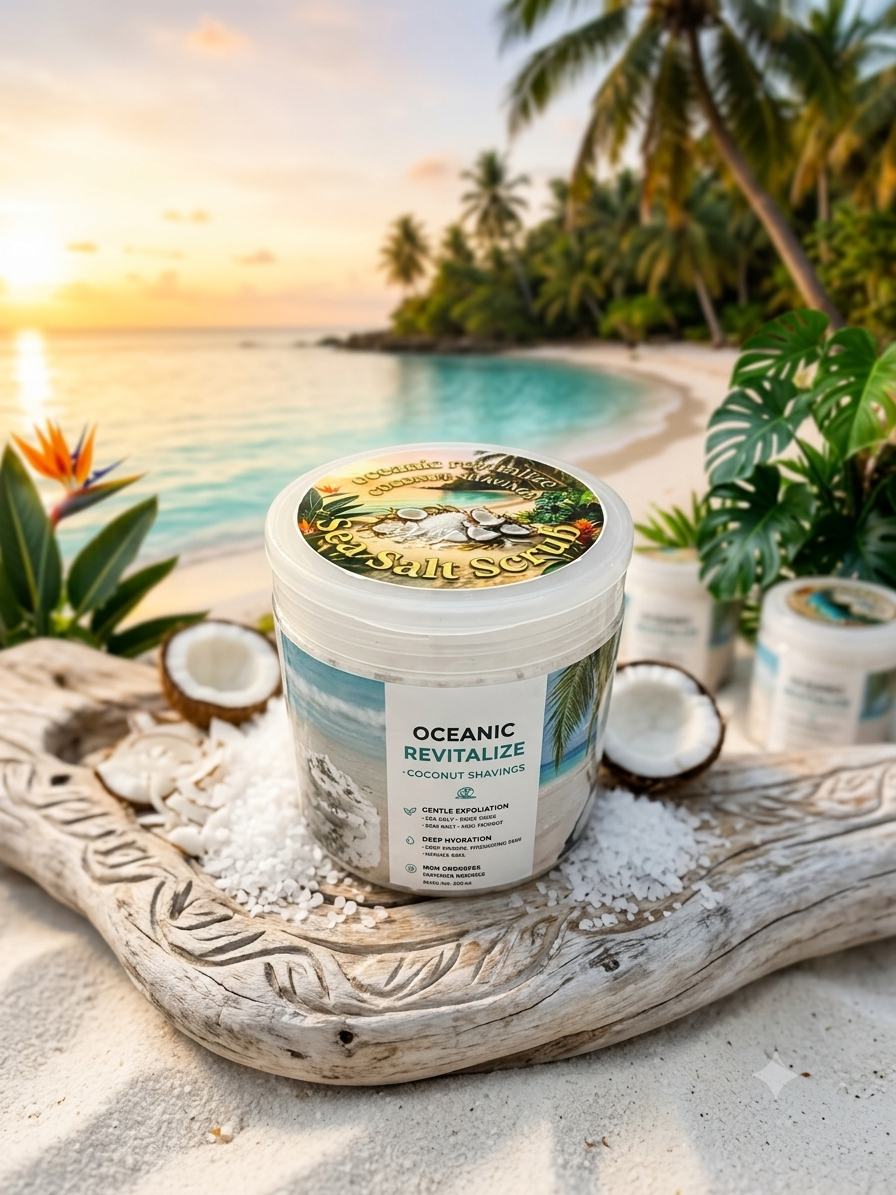 Oceanic revitalize exfoliating scrub, coconut shavings