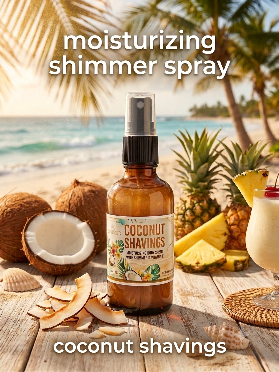 Moisturizing shimmer body mist, coconut shavings